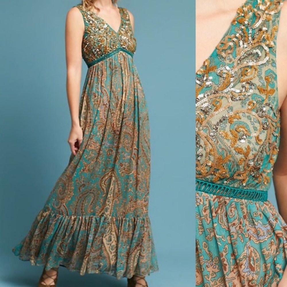 ANTHROPOLOGIE Ranna Gill Beaded Paisley Maxi Dress